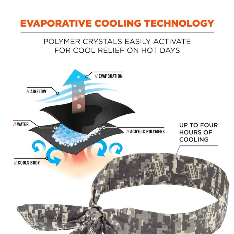 Ergodyne Chill Its 6700 Cooling Bandana, Camouflage, Evaporative Polymer Crystals