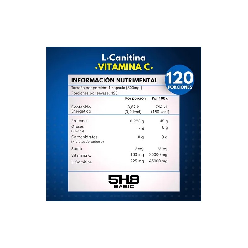 5h8 L-carnitina + Vitamina C 120 Cápsulas Termogénicas Sabor Sin