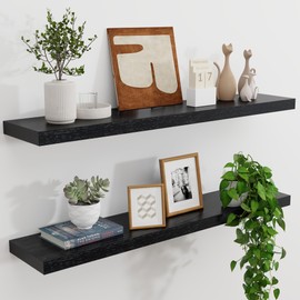 Natural Oak Floating Shelves for Wall, 36" W x 8" D x 1.2" H Wall Mounted Rustic Wooden Display Shelves for Living Room Bathroom Bedroom Kitchen with Heavy-Duty Bracket, Black Finish, Set of 2