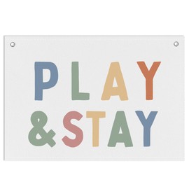 Play & Stay Linen Banner for Playroom Nursery, Neutral Wall Hanging for Baby Toddler Room Decor, Rustic Kids Room Art for Boys and Girls, 28x20in - C01