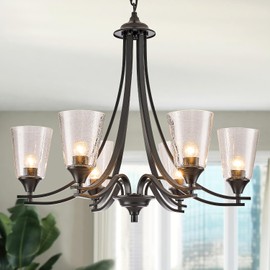 BEIOPBRN 6-Lights Modern Chandeliers Black with Seed Glass Lampshade Dinging Room Light Adjustable Height 47.2 Ceiling Hanging Lights for Kitchen Island Living Room Dinging Table