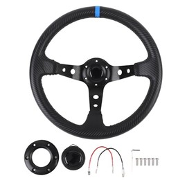 Aramox Volante de Carreras de 14 Pulgadas, PVC y Aluminio con Apariencia de Fibra de Carbono, Universal con Botón de Bocina, Compatible con Adaptador 