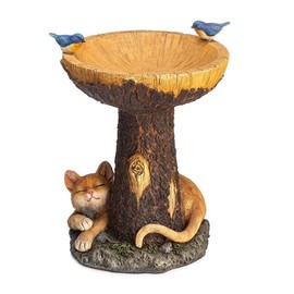 Bird Bath with Cartoon Cat Polyresin Bird Feeder Desktop Ornament for Indoor Outdoor Decoration