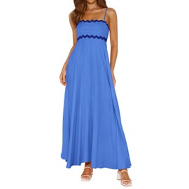 PRETTYGARDEN Womens Spaghetti Strap Maxi Dresses 2025 Summer Casual Sleeveless Smocked Boho A Line Long Flowy Beach Sundress(Blue,Medium)