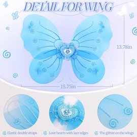 Lainlight 4 Pcs Butterfly Fairy Costume for Girls Kids Princess Cosplay Costume Set with Wings, Tutu Skirt, Wand for Girls 3-8 Years Blue