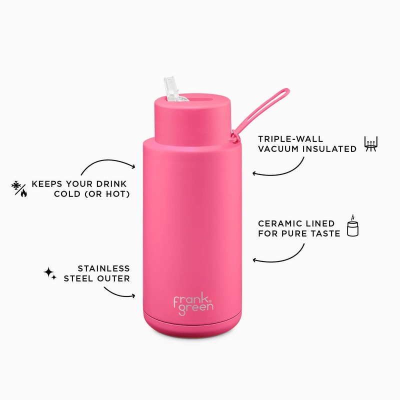 frank green Ceramic Reusable Bottle with Straw Lid, 34oz/1L Capacity