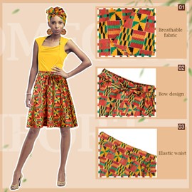 Mukum 4 PCS African Printed Skirt for Women Traditional Printed Costume Outfit Set with Pockets Wrap Scarf Wooden Drop Earrings for Holiday Travelling - L