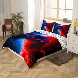 Homewish Gamer Gaming Bedding Sets King Size,Lightnings Gamepad Duvet Cover, Video Games Comforter Cover for Kid Teens Boys and girls Man, Modern Bedroom Decor 3 Pcs Bedding Set,Red Blue
