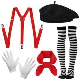 Xerteam Pantomime Costume Women Men Carnival Pantomime Costume Black Beret Hat Red Scarf Black White Striped Stockings White Gloves Braces Fancy Dress Costumes Carnival Costume, Black / White / Red