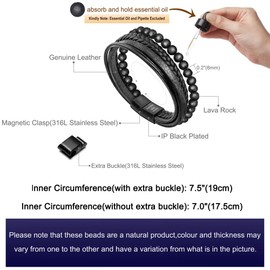 murtoo Mens Bead Leather Bracelet, Natural Bead, Steel and Leather Bracelet for Men Christmas Gift (Lava black, 8.85)