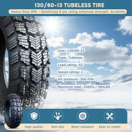 130/60-13 Mountain Bike Tire, Heavy-Duty Offroad 8PR 62J Nylon, All-Terrain Replacement Neumático, 300 KPA, Only Tire and Valve Stem