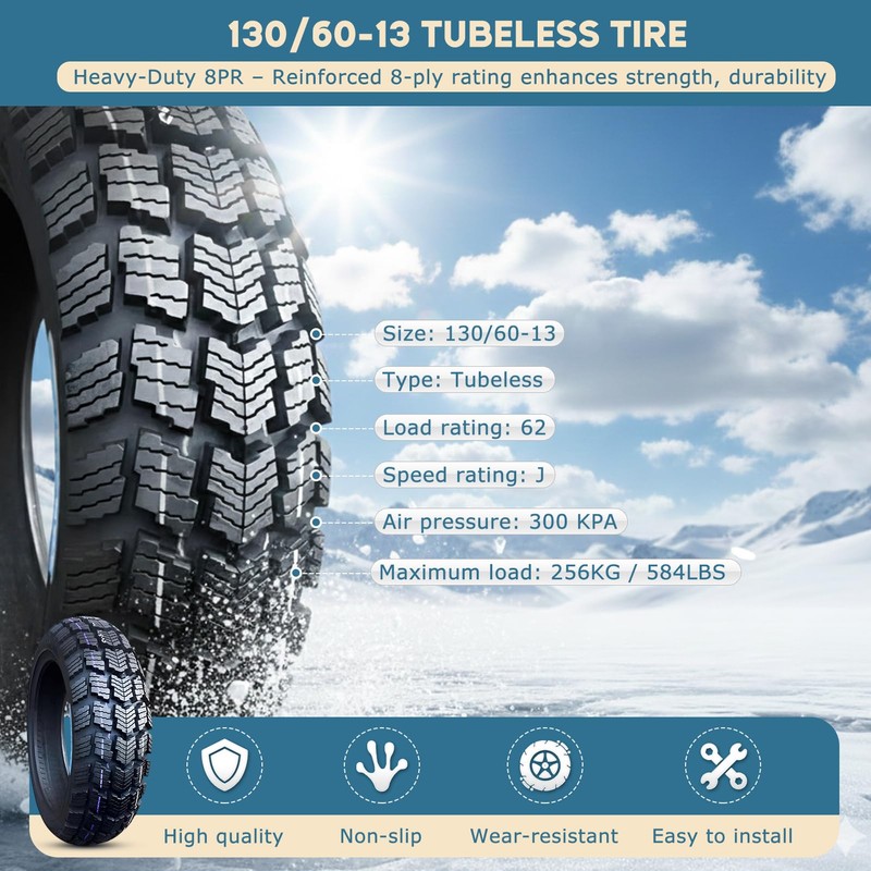 130/60-13 Mountain Bike Tire, Heavy-Duty Offroad 8PR 62J Nylon, All-Terrain