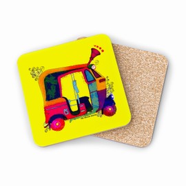 Set of 2 Indian Autorickshaw Coasters | Colorful Desi Art Drink Coaster Set | Funky Rickshaw design | 3.75" x 3.75"