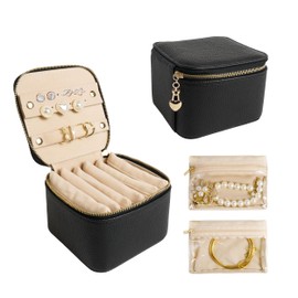 WATANIYA HOME Travel Jewelry Case, Small Travel Jewelry Box with 6 Velvet Jewelry Bag Mini Pouch, Portable Travel Jewelry Organizer for Rings Earrings Necklaces, Beauty Gifts for Women Girls (Black)