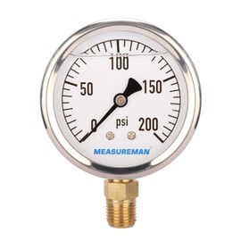 MEASUREMAN 2-1/2" Dial Size, Glycerin Filled Plumbing Pressure Gauge, 0-200psi, Stainless Steel Case, 1/4" NPT Lower Mount