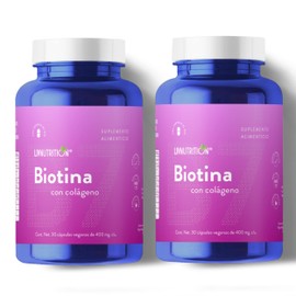 Biotina + Colageno con 60 Cápsulas de 400 mg | 2 meses de rendimiento | 100% Natural, Sin gluten, Vegano y sin Azúcar | Pack 2 frascos con 30 capsulas cada uno | Suplemento Alimenticio | LIV NUTRITION