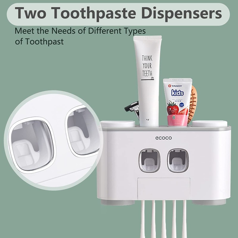 Toothbrush Holders with Toothpaste Dispenser Wall Mounted for Bathroom-4 Cups