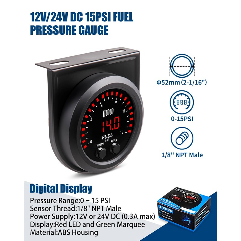JJCOCO 15PSI Fuel Pressure Gauge Kit with 1/8NPT Electronic Sensor