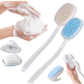 2026 New 3-in-1 Silicone Back Scrubber with Built-in Soap Reservoir, Detachable Curved Long Handle Shower Body Brush, Non-Slip Grip Quick Drying Back Brush for Hard-to-Reach Areas (2pcs)