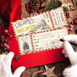 Christmas Believe Train Ticket Invitations Card Vintage Believe Train Invitations with 25 Envelopes Christmas Party Fill in Blank Invites Cards Christmas Believe Ticket for Xmas Holiday (Train)