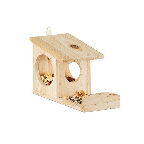 Relaxdays Squirrel Feeder House, Feeding Station Box, Hanging, Wooden, HWD: 17.5 x 14 x 25 cm, Natural, Spruce Wood, Brown, Pack of 1
