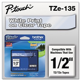 BROTHER - Cinta P-Touch TZE-135 genuina, cinta P-Touch laminada estándar de 1/2 pulgada (12 mm), blanca sobre transparente, laminada para uso en interiores o exteriores, resistente al agua, 8 m (26,2 pies), paquete individual