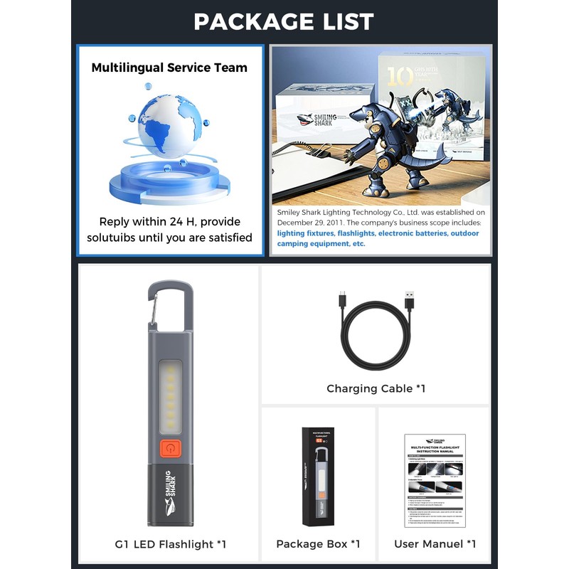 Smiling Shark Flashlights,Recargeable Flashlight LED with 3 Modes & Hook