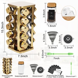Kitchen stainless steel spice rack with 20 food grade glass cans-275 spice label-rotating vertical bracket and countertop seasoning rack cabinet tower storage rack (golden, 20)