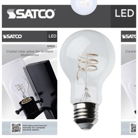 Satco S11521 LED Bulb, 6W (40W Eq), A19 Vintage Style, Flex Gray Coil Filament, 2700K Warm White, E26 Medium Base, Dimmable, Clear Glass, 500 Lumens, 120V, Enclosed Rated