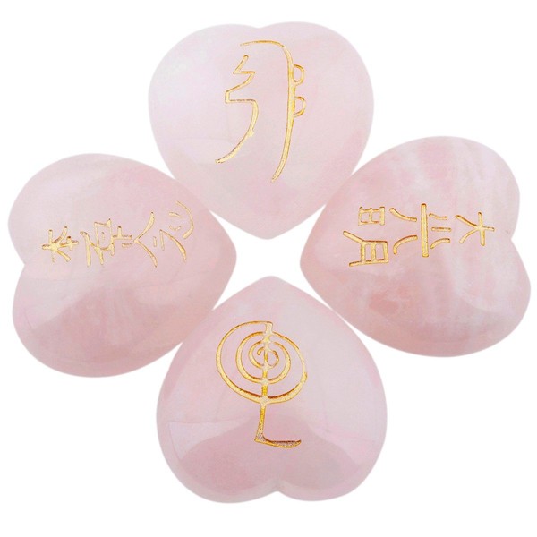 SUNYIK Rose Quartz Heart Gemstone with Engraved Chakra Symbols Palm Stone Worry Stones Set of 4