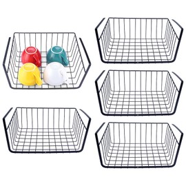 HOMOKUS 5pcs Under Shelf Wire Basket,Hanging Storage Baskets,Under Cabinet Add-on Storage Racks,Slides Under Cabinet Shelf Baskets Organizer for Kitchen Pantry Counter Desk Bookshelf (Black)