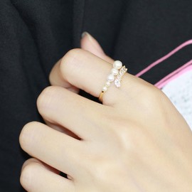 IMINI Chic CZ Pearl Statement Ring for Women Girls 14K Gold Plated Double Layers Stacking Rings Adjustable Open Finger Band Promise Engagement Rings Bands Dainty Jewelry Gifts