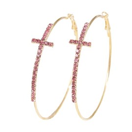 Large Cross Hoop Earrings Trendy Rhinestone Sparkly Hoop Earrings Extra Big Hoops Earrings Exaggerated Prom Wedding Party Earrings Formal Jewelry for Women - Pink