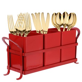 NelyBet Kitchen Utensil Holder for Countertop - Outdoor Silverware Caddy, Picnic and Camping Utensil Organizer, Flatware Holder for Party Gatherings, Metal and Durable Design (Red)