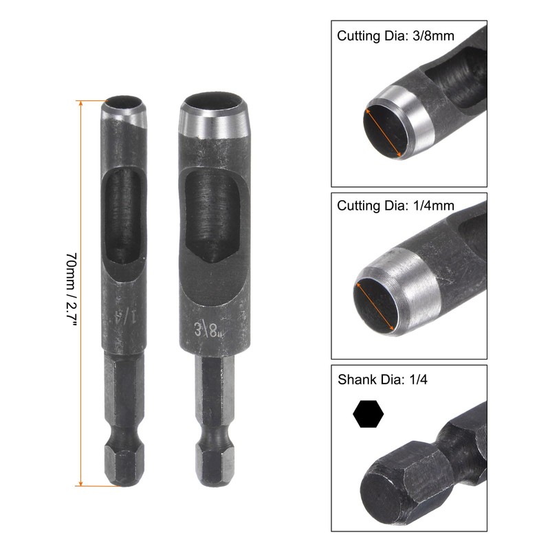 sourcing map 2pcs 1/4",3/8" Leather Hollow Hole Punch 1/4" Hex