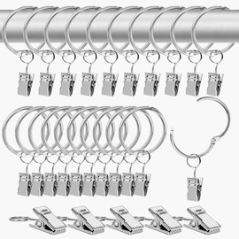 SWTYExt Pack of 20 32 mm Curtain Rings with Clips & 5 Pieces Curtain Clips Metal Curtain Rings Stainless Hanging Curtain Rings with Hooks for Curtain Rod Curtain Window Shower Curtain Washing Line