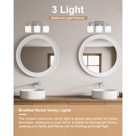Sailstar Bathroom Light Fixtures Over Mirror, 3-Light Vanity Lights Brushed Nickel, Modern Bathroom Vanity Light, Glass Shade & Anti-Rust Nickel Finished, Bathroom Light for Small Space