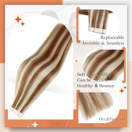 Full Shine Highlighted Blonde Tape in Hair Extensions 330P800 Hair Extensions for Women Real Human Hair 14 Inch Tape in Extensions Seamless Tape Double Sided 20 Pieces