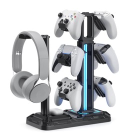 KDD RGB Multi-Controller Holder with 9 Light Modes - Rotatable Universal Headphone Hanger - Controller Stand with 6 Detachable Hooks for Desktop Gamer Accessories