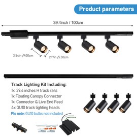 Hiiglxii 4-Light LED Track Lighting Kit with 3.3FT H Track Lighting Rails & Floating Canopy Connector, GU10 Track Light Kit, Modern Kitchen Track Lighting Fixtures Ceiling Spot Light, Black (No Bulbs)