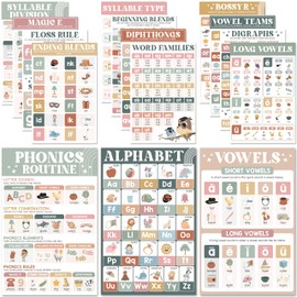 15 Pcs Boho Phonics Posters for Classroom (11"x17") ESL Classroom Decorations, Vowel Posters for School, Vowel Sounds Poster, Classroom Teacher Must Haves, English Sound Poster Wall School For Student