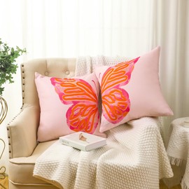 Patelai 2 Pcs Butterfly Preppy Decorative Throw Pillow Covers Gift for Christmas Pink Orange Print Cushion Covers Case for Couch Bedroom Home Room Decor, 18 x 18 Inch