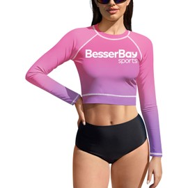 BesserBay Women's Long Sleeve Crop Top Rash Guard UV Protection UPF 50+ Crop Top S-XL, A2-Pink&Purple