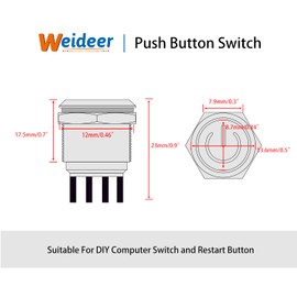 weideer 12mm Momentary Push Button Switch Metal Chassis Switch Waterproof 6V Blue Ring LED Power Symbol Light ON/Off Switch with Wire for 12mm 1/2" Mounting Hole M-12-POWER-T-BU-X