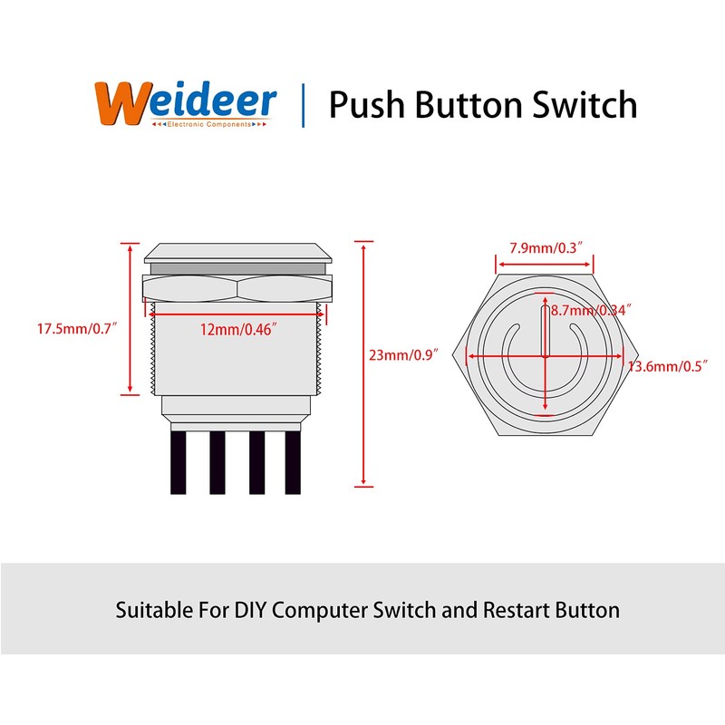 weideer 12mm Momentary Push Button Switch Metal Chassis Switch Waterproof