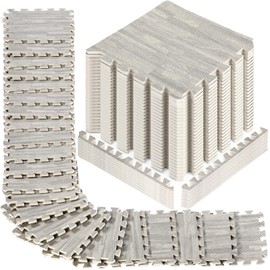 Tinideya 48 Pcs Printed Foam Tiles 12 x 12 Inch Interlocking Foam Mats Wood Grain Puzzle Floor Mat Tiles EVA Floor Padding Exercise Flooring with Border for Home Gym Playroom Baby Kids(Gray)