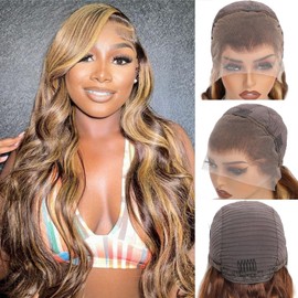 Aaliweya 360 Highlight Ombre Body Wave Lace Front Wigs Human Hair 1b/4/27 Color 360 HD Full Lace Frontal Wig for Women Dark Roots 180% Density Full and Thick Natural Hairline Glueless Wigs 26Inch