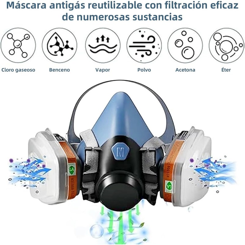 Mascarilla Respiratoria Reutilizable con Anteojos de Seguridad y Filtros Azul