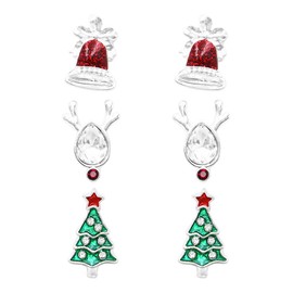 Rosemarie & Jubalee Women's Wintertime Set of 3 Glitter Enamel And Crystal Rhinestone Christmas Stud Earrings (Set 1 - Holiday Bells, Reindeer Heads, Christmas Trees)