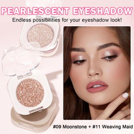 QIUFSSE Glitter Champagne Glow Single Eyeshadow,Ultra Fine Shimmer Eyeshadow Lightweight Sparkling Blendable Formula,Daily Multiuse Glossy Eyes Makeup (09 Moonstone + 11 Weaving Maid)